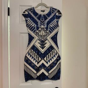Blue and White Geometric Sequin Dress